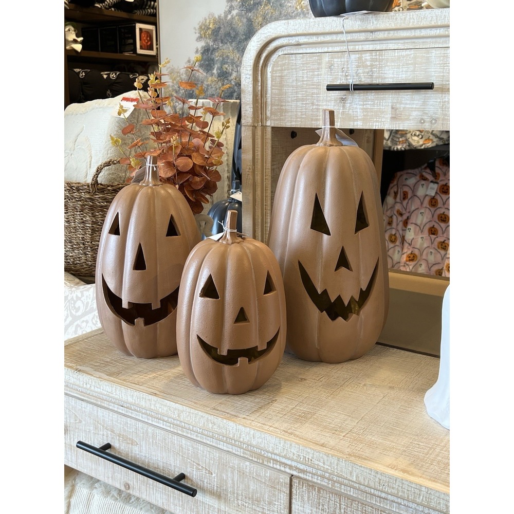 Set of 3 Terracotta Pumpkin Jack-o'-Lanterns - Fall & Halloween Home Decor